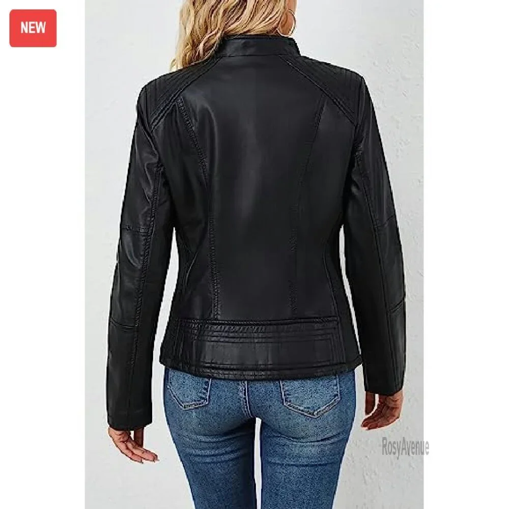 Faux Leather Motorcycle Jacket with Quilted Design and Pockets - Picture 3 of 8